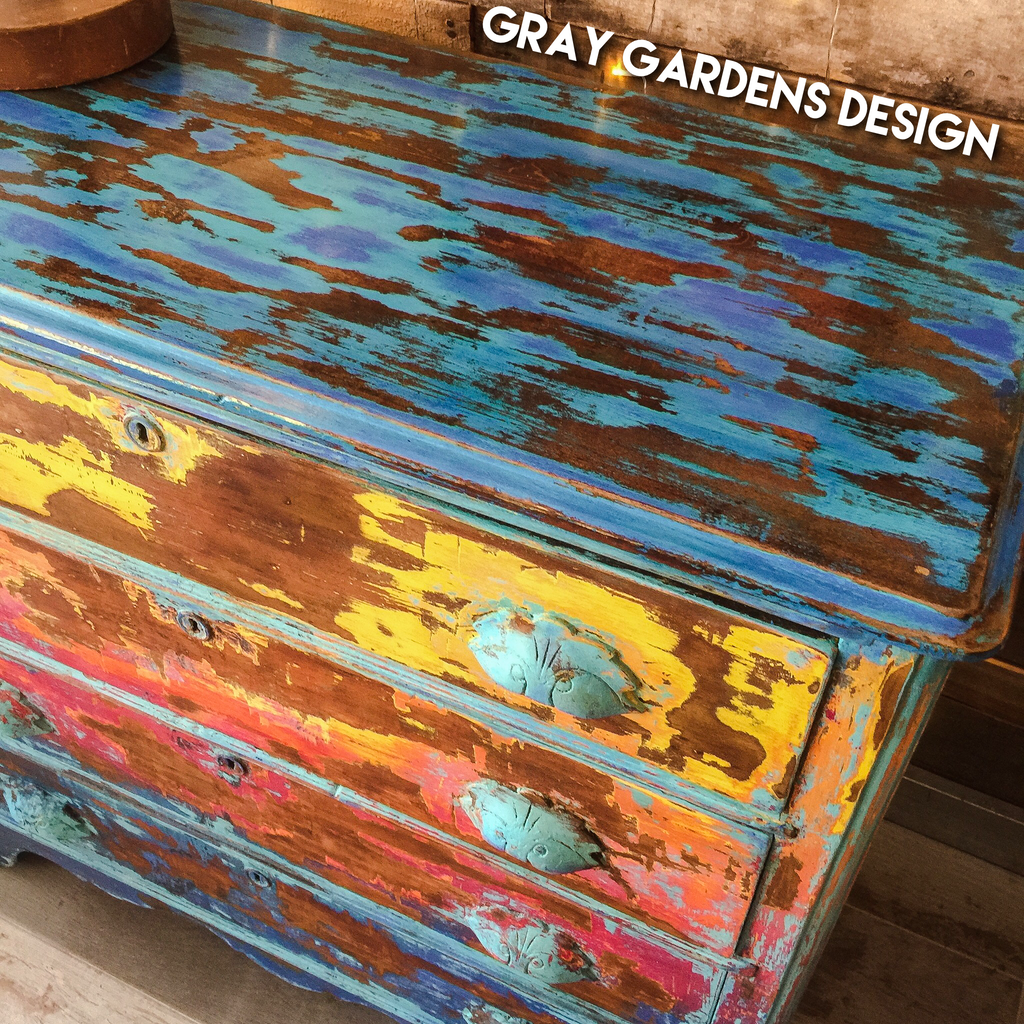 Upcycled Eastlake Victorian Bohemian Tropical Sunset Distressed Dresser